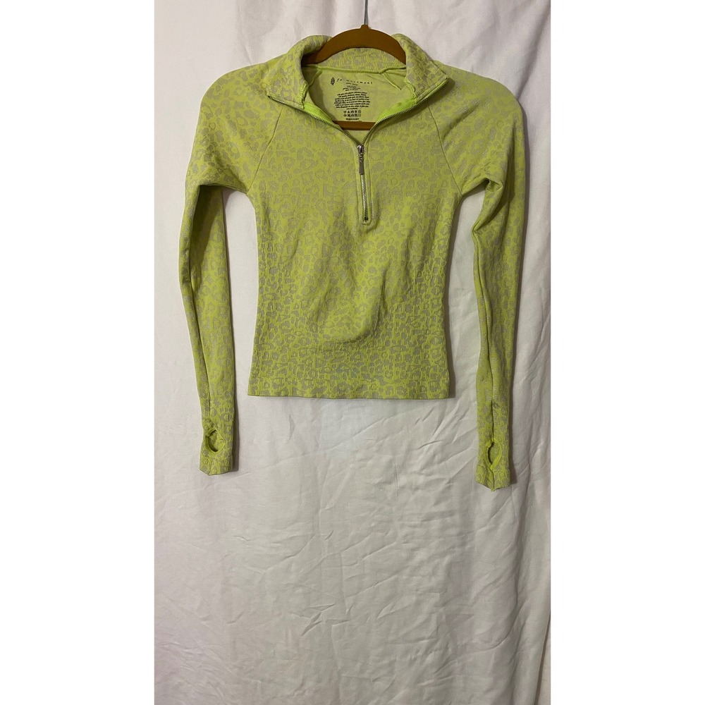 FP Movement Free People Good Karma Leopard 1/4 Zip Pullover Lime Green XS S